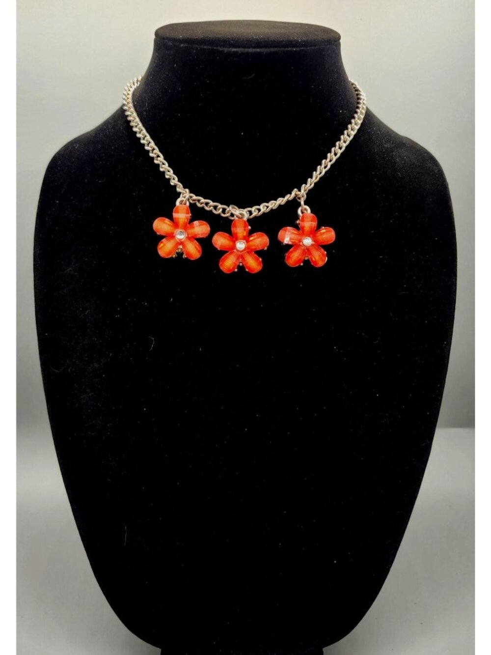 Orange Flower Pendant Necklace On Silver Chain With Adjustable Closure